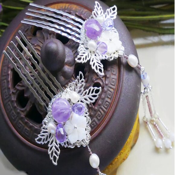 Amethyst Hair Comb | Handcrafted Traditional Hair Clip Comb Retro Style - Picture 2 of 4